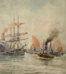 TOMKIN William Stephen,harbour scene showing masted ships,1919,Rogers Jones & Co 2024-01-16