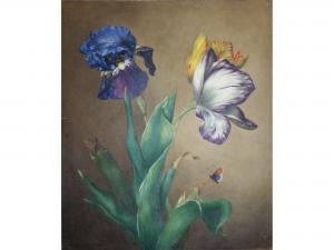 TOMKINS EMMA 1823-1840,A STUDY OF TULIPS AND AN IRIS WITH A BUTTERFLY,1828,Lawrences GB 2015-01-16