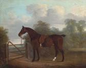 TOMSON Clifton,A saddled bay hunter tethered to a gate, in a wood,1827,Christie's 2004-11-18