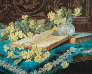 TOPPELIUS KISELEFF Marga 1862-1924,STILL LIFE WITH A BOOK AND FLOWERS.,Bukowskis SE 2013-06-05
