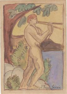 TORRES GARCIA Joaquin 1874-1949,Panpipe playing man at the sea,c. 1914,Villa Grisebach DE 2024-01-07