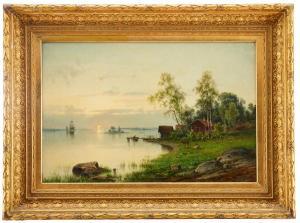 TORSSLOW Harald,Soluppgång över insjölandskap med betande kor och ,1888,Uppsala Auction 2022-02-15