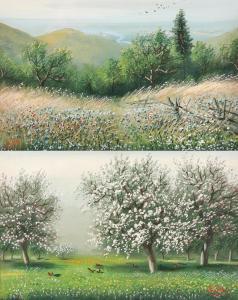 TOTT Alois 1870-1939,Orchard in bloom, view across Danube river,1913,Palais Dorotheum AT 2024-03-28