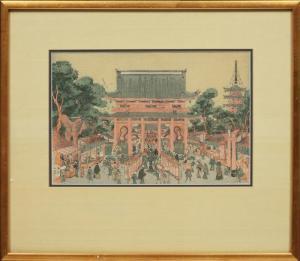 Toyoharu Utagawa 1735-1814,Temple Grounds with Strolling People,Neal Auction Company US 2022-08-11