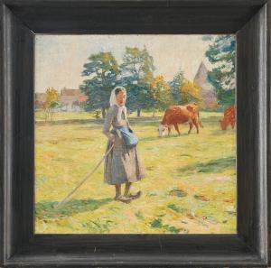 TRÄGÅRDH Carl 1861-1899,Flicka med kor i gröngräset,Uppsala Auction SE 2020-08-18