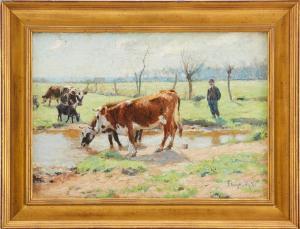 TRÄGÅRDH Carl 1861-1899,Kor och pojke vid vattendrag i sommargrönska,1891,Uppsala Auction 2022-01-18