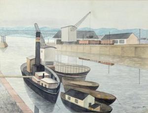 TRÜMPER August,Blick wohl auf den Moselhafen Trier mit Lastkähnen,1931,DAWO Auktionen 2019-08-31