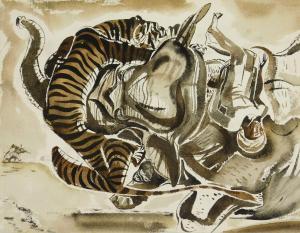 TRAVIS Paul Bough 1891-1975,Tiger Attacking Elephant and Rider,1951,Rachel Davis US 2024-02-10