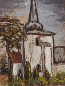 TRIER Kaj 1902-1990,Landscape with church, verso town scenery,Bruun Rasmussen DK 2022-07-05