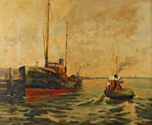 TROCH Ernst 1925-1996,Hafenansicht Cuxhaven Frachtschiff am Kai und Schl,1960,Mehlis DE 2019-11-21