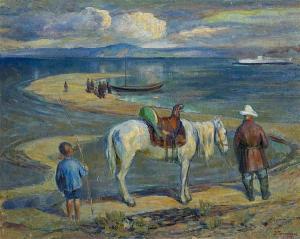 Trofimov Vikentii 1878-1956,Kazakh with His Horse at the River Crossing,1930,MacDougall's 2017-11-29