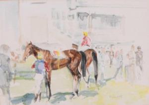 TROWELL Jonathan 1938-2013,Horses and Jockeys preparing to race,Halls GB 2023-10-04