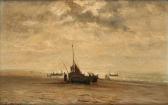 TSCHARNER Theodore 1826-1906,Barques de pêche échouées sur la plage au coucher ,Horta BE 2016-10-17