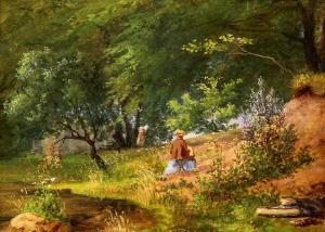 TSCHERNING Eleonore,An artist sits and paints in a forest clearing,Bruun Rasmussen 2024-03-04