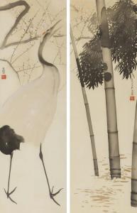 TSUCHIDA Bakusen,Bamboo with white plum blossoms; Crane (a pair of ,1921,Mainichi Auction 2022-11-11