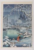 TSUCHIYA KOITSU 1870-1949,Figures with umbrellas near a footbridge with fall,Eldred's US 2016-08-16