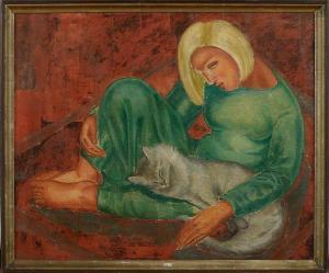 TURNER Laura 1888-1983,Femme à la robe verte et son chat,VanDerKindere BE 2021-12-07