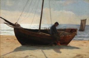 TUXEN Laurits 1853-1927,Fiskerdreng i båd på stranden,1874,Bruun Rasmussen DK 2018-08-20