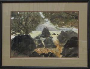 TYLER Phil 1914-1983,landscape with rocks and trees with a pasture beyond,O'Gallerie US 2018-08-13
