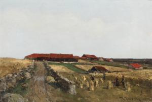 ULFSTEN Nikolai 1854-1885,Harvest landscape with sheaves in stacks,Bruun Rasmussen DK 2023-09-11