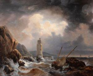 ULRICH Johann Jakob 1798-1877,Bateaux de pêcheurs près d'un phare,1837,Ader FR 2022-05-23
