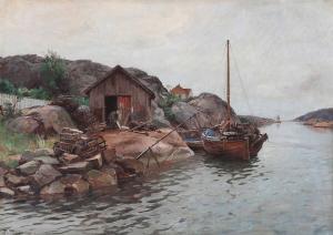 ULVING Even 1863-1952,A view of a fisherman cottage by a fiord,Bruun Rasmussen DK 2024-02-05