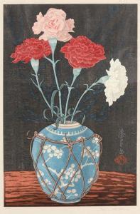 URUSHIBARA Yoshijiro Mokuchu 1888-1953,Carnations in prunus vase,Mallams GB 2013-05-22