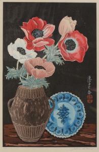 URUSHIBARA Yoshijiro Mokuchu 1888-1953,Poppies and blue and white plate,Mallams GB 2013-05-22