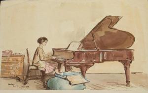 URUSHIBARA Yoshijiro Mokuchu 1888-1953,Young girl at the piano 25th June 192,Moore Allen & Innocent 2014-11-07