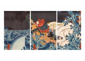 Utagawa Yoshimori 1830-1884,Nichiren Prays to Calm the Storm Waves (Nichiren j,Ise Art JP 2023-07-15