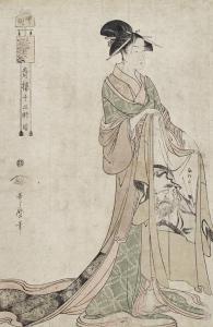 UTAMARO Kitagawa,a courtesan in Yoshiwara at 6am helping her depart,1794,Bonhams 2011-11-08