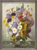VAELTE Otto 1885-1977,Großer, bunter Sommerblumenstrauß in einer Glasvase,Allgauer DE 2009-07-10