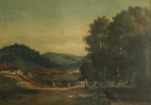 VAGNAT Louis 1842-1886,Mère et enfant traversant le pont sur fond de maison,Sadde FR 2018-10-16