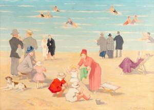 VALETTE Adolphe Pierre 1876-1942,A lively beach scene, possibly Wales,1916,Tennant's GB 2024-03-16