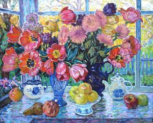 VALIAHMETOV Amir 1927,Flowers on the window background,1995,Antonija LV 2019-06-03