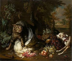 VALKENBURG Dirk,Katze verteidigt ihre Wildbeute vor einem Hund,1715,Villa Grisebach 2019-11-28