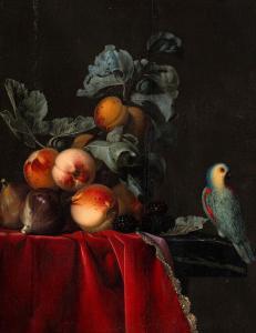 van AELST Willem Jansz. 1627-1683,Still Life with Peaches and a Perroquet,1651,Hindman US 2023-10-26