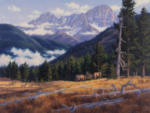 VAN BEEK Randy 1958,elk in a meadow with the Olympic Mountains in the ,O'Gallerie US 2023-01-16