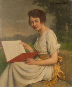 VAN BEERS Jan 1852-1927,Portrait de femme dans un jardin tenant une partit,Art Valorem FR 2024-01-15