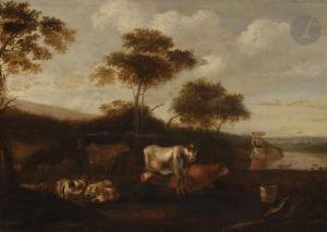 van BEMMEL Jacob Gerritz 1628-1673,Troupeaux et leurs bergers en bord de rivière,Ader FR 2021-05-04