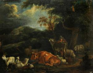 van BERGEN Dirck,A wooded landscape with a figure and cows, sheep a,1690,Bonhams 2013-09-29
