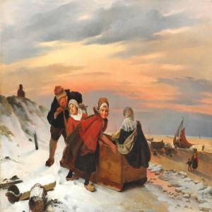 VAN BEVEREN Charles 1809-1850,Sledding on the beach at sunset,1830,Bruun Rasmussen DK 2014-11-25