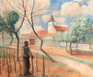 van BLAADEREN Gerrit Willem 1873-1935,A farmer in a field, a church beyond,Christie's GB 1998-12-01