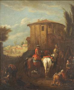 van BLOEMEN Pieter 1657-1720,Figures on horses resting at a camp in a town, a l,Bonhams 2024-02-12