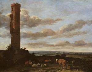 van BORSSOM Anthonie,A shepherd with cattle and sheep by a tower in a p,Christie's 2007-05-09