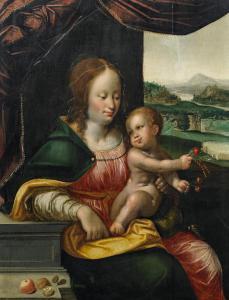 VAN CLEVE Joos 1485-1540,Madonna mit Christusknaben. Im Hintergrund Blick i,Van Ham DE 2018-11-15