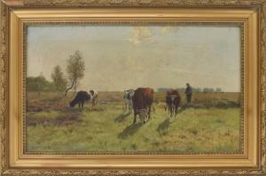 van DAMME SYLVA Emile 1853-1935,Belgian - summer landscape with a farmer and catt,Gardiner Houlgate 2022-03-24