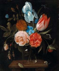 van de CAPPELLE Jan,Roses, a tulip, a lily and forget-me-nots in a gla,Palais Dorotheum 2022-05-11