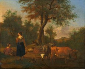 Van De VELDE Adrian,Baumbestandene Landschaft mit Hirten, Kühen, Schaf,1667,Lempertz 2023-11-18