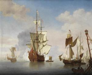 van de VELDE Cornelis,An English ship at anchor near the shore with sail,Bonhams 2012-05-02